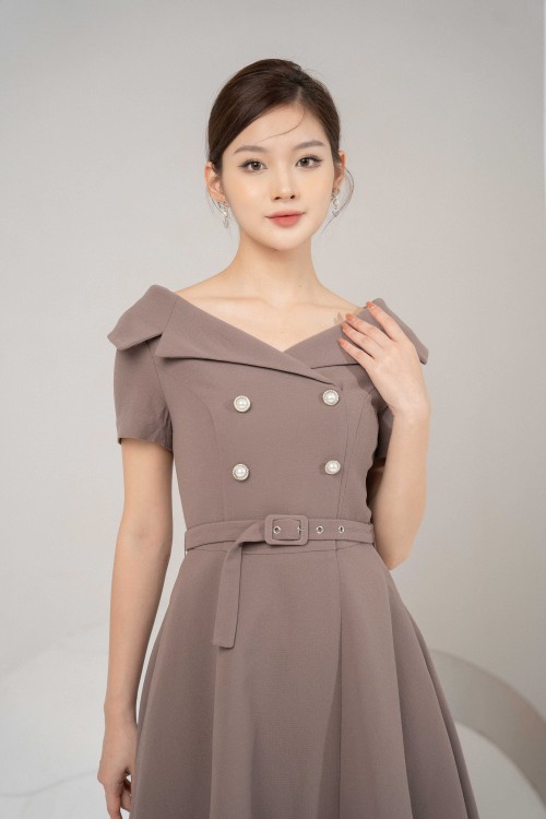 Sixdo Olive Short Sleeves Midi Woven Dress